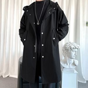 Uomini Blends 2023 Giacca a vento Giacca lunga Trench Oversize Allentato Streetwear Con cappuccio Cappotti neri vintage High Street Casual Capispalla maschile 231026