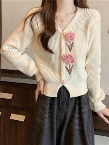 Maglieria da donna Semplici fiori 3D Cardigan lavorato a maglia da donna Elegante maglione dolce monopetto Cappotto coreano femminile con scollo a V