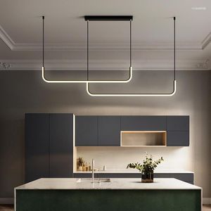 Modern Led Line Pendant Lamp For Dining Room Kitchen Island Minimalist Design Indoor Black Hanging Chandelier Lighting Fixture