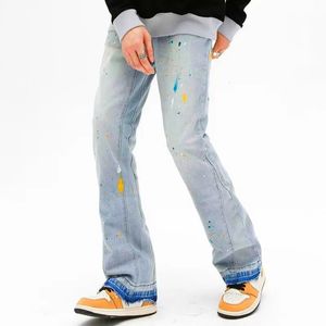 Mężczyźni S Jeansy 2023 Y2K Fashion Ink Graffiti Workowane spodnie Flare Pants For Men Odzież Koreańskie swobodne kobiety dżinsowe spodnie Vetements Homme 231026