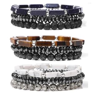 Strand 3pcs/set Men Bracelet Natural Stone Lava Set Flat Beads Hematite Volcanic Rock Yoga Bracelets For Classic Jewelry