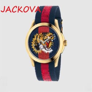 Moda famosa marca relógios feminino masculino abelha cobra tigre padrão quartzo náilon tecido cinto de couro relógio esportes clássico relogio268z