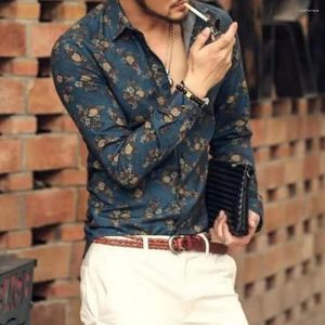 Camisas de vestido masculinas Homens Camisa Casual Vintage Floral Impressão Turn-down Collar Botão Fechamento Slim Fit Mangas Compridas Top