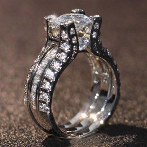 Size 5-10 Retro Vintage Jewelry 10KT White Gold Filled Round Cut Topaz CZ Diamond Gemstones Women Wedding Bridal Ring Set For Love288P