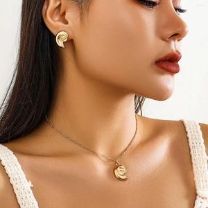 Necklace Earrings Set Lacteo Simple Gold Color Metal Conch Shape Pendant Stud For Women Trendy Jewelry Choker Ladies Y2K Girls