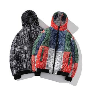 Erkekler Down Parkas 2023 Kış Ceket Erkekler Bandana Baskı Patchwork Pamuk Pamuk Yastıklı Ceket Kalın Sıcak Kapüşonlu Varsity College Üniversitesi Outerwear Yeni J231026