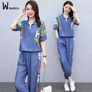 Women's Two Piece Pants Chic Letter Printed Oversized 5xl Outfits Women Short Sleeve Sweatshirt And Jogging Ankle-Length Suit Summer 2 Sets