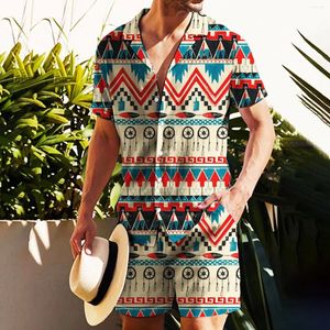 Herrspårssuits Summerskjortor Set Ethnic Bohemian Style Vintage Tryckt Hawaiian Vacation Men Designer Klädskjorta Shorts Suit 2 Piece