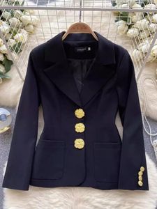 Женские костюмы для знаменитостей, офисная работа, черная куртка, пальто, осень-зима, роскошные металлические пуговицы, женское пальто для подиума, пиджак с длинными рукавами