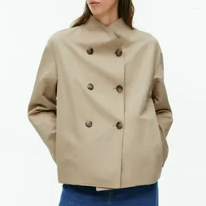 Casacos de trincheira femininos vii 2023 roupas de outono algodão e linho mistura jaqueta dupla-breasted curto blusão fino casaco oferece