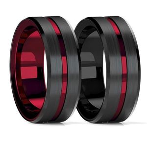 Wedding Rings Fashion 8mm Red Groove Beveled Edge Black Tungsten Ring For Men Brushed Steel Engagement Men's Band221d