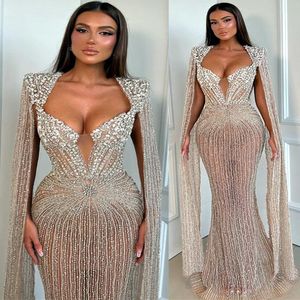 2023 Oct Aso Ebi Arabic Champagne Mermaid Prom Dress Beaded Crystals Evening Formal Party Second Reception Birthday Engagement Gowns Dresses Robe De Soiree ZJ259