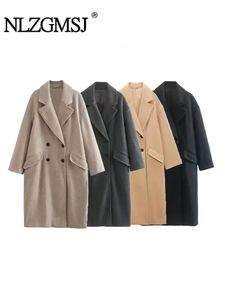 Women s Fur Faux Nlzgmsj TRAF Women Autumn Winter Thick Long Coats Vintage V Neck Sleeve Pockets Jackets 2023 Elegant Female 231025