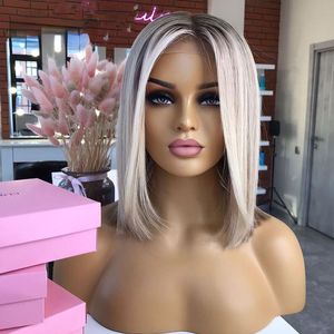 Aschblonde Highlight-Lace-Front-Perücke, Echthaar, 360-Lace-Frontal-Perücken, HD-transparent, kurze, gerade Bob-Perücken für Frauen, synthetisch, hitzebeständig