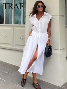 Casual Dresses 2023 Fashion Summer Woman Solid White Sleeveless Turn-Down Collar Lace Up Long Dressess Mujer Vestidos