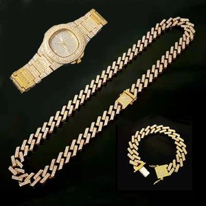 Wristwatches Iced Out Watch for Men Women Hip Hop Miami Cuban Chain Big Gold Chain Necklace Bracelet Jewelry Rhinestone Bling Mens Watch Set 231025