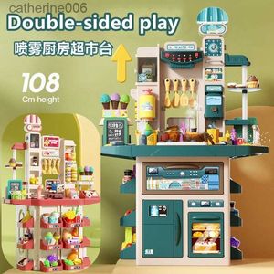 Kitchens Play Food Large Kitchen Kids Play House Toys Set Ice Machine Sound Light Drawing Board Suit Cook Spray Water Dining Table Girl Xmas GiftsL231026