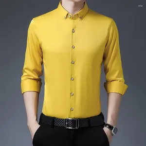 Men's Casual Shirts Yellow Smooth Silk Dress For Wedding Party Wear Claret Red Satin Social Blouse Large Size Burgundy Royal Blue Buttom