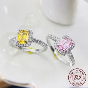 Bröllopsringar för kvinnor S925 Silver White Yellow Pink 5 7mm Cubic Zirconia Rectangle Diamond Ring Bridal Propose Engagement Fine J336V