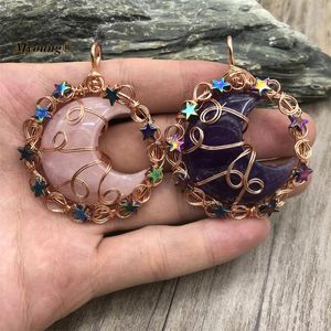 Pendant Necklaces Wire Winded Large Crescent Shape Natural Rose Crystal Quartzs Amethysts Stone Moon Stars Necklace MY220828