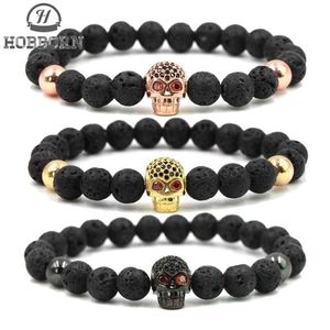 Hobborn pulseira de pedra de lava natural, moderna, feminina, masculina, hip hop, rosa, ouro, prata, charme, cz, caveira, pulseiras, pulsera hombre2645