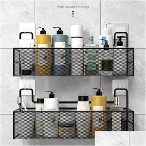 Bathroom Shelves Shees Black Wall Mounted Shelf Shower Shampoo Rack Kitchen Connt Storage Basket Toilet Soap Holder Organizer 230418 D Dh0Wi