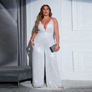 Macacões femininos plus size macacão sem mangas sem costas cor sólida lantejoulas tipo fino moda halter macacão festa banquete senhora 231025