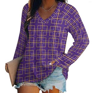 T-shirt da donna T-shirt con stampa geografica Argyle Square Camicia di moda coreana Manica lunga T-shirt dal design divertente Top da donna Taglia grande 4XL 5XL