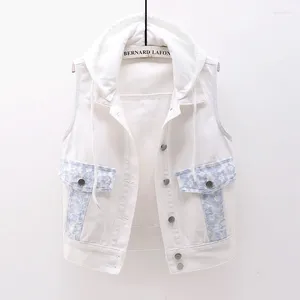 Women's Vests White Pink Lace Embroidery Pocket Denim Vest Women Slim Short Cowboy Waistcoat Detachable Hooded Sleeveless Jeans Jacket