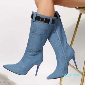 Женские джинсовые сапоги в стиле вестерн на тонком каблуке, ремень с заостренной головкой, пряжка среднего размера, большой размер