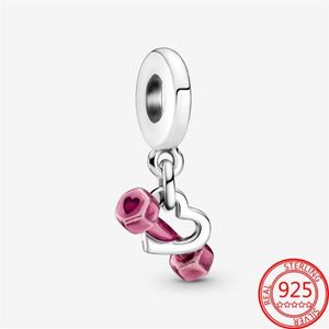 Pozostałe 100% 925 Srebrne srebrne różowe hantle serce Dangle Charm Fit Bransoletka 3 mm S925 DIY JEINDY Prezent Girl270e