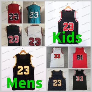 Maglia da basket per uomo retrò per bambini 33 Scottie Pippen Uomo # 1 Derrick Rose 91 Dennis Rodman Maglie Bianco Rosso Nero Strisce T-shirt da uomo retrò Chi cucita # 23