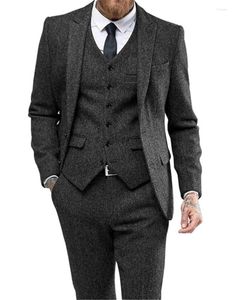 Ternos masculinos 3 peças de lã preta herringbon fino ajuste casual formal negócios padrinhos tweed smoking g blazer calças colete