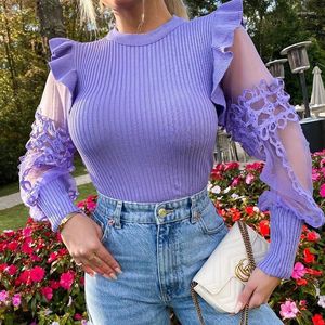 Kobiety swetry fioletowe seksowne mody dzianinowe bluzki dla kobiet koronkowe patchwork o nokół Ruffle Lantern rękawy szczupłe ubranie pullover słodka dziewczyna