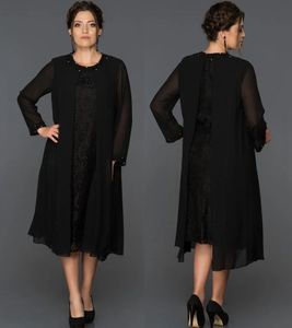 Mother's Dresses Black Plus Size Custom Mother Of The Bride Zipper New Formal Straight With Jacket Two Pieces Chiffon O-Neck Long Sleeve Tea-Length Lace