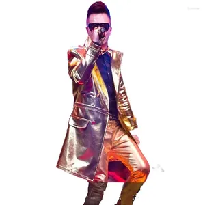 Men's Trench Coats Golden Metallic Man Boy's Chic Coat Live Show Dance Costume Music Festival Singers Hoster Harajuku Yuppie Hip Hop