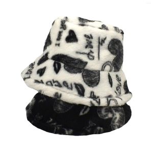 Berets Winter Furry Bucket Hat Female Faux Fur Hats Women's Fashion Printed Panama Fishermans Caps Autumn Soft Velvet Cap