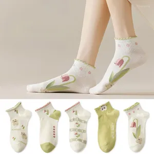 Women Socks 5Pairs/Lot Cute Flower Boat Low Cut Chaussette Femme Cartoon Ankle Lace Short Sock Soft Female Breathable