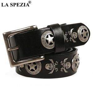 Cintos La Spezia Square Belt Masculino Genuíno Couro Pin Fivela Para Homens Crânio Preto Real Rock Punk Acessórios YQ231027