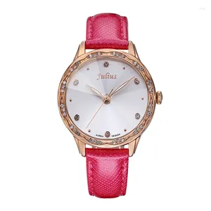 Наручные часы, розовые женские часы Julius, японские кварцевые часы со стразами, элегантные модные часы из натуральной кожи, подарок для девочек, без коробки