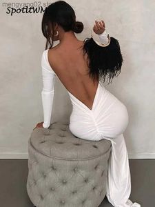 Basic Casual Dresses O-Neck Backless Hip Ruched Bodycon Dresses Long Sleeve Wrap Buttock Dress For Women 2023 Spring Summer Club Birthday Party Dress T231026