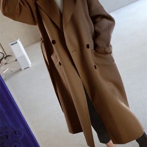 Женское пальто из искусственного меха на осень-зиму, женское корейское модное шерстяное пальто, женское винтажное двубортное длинное пальто, женская шикарная свободная верхняя одежда 231025