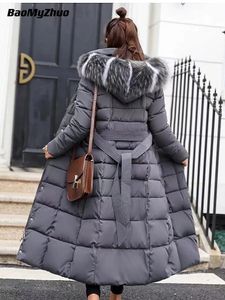 Женские пуховые парки 2023, осенне-зимняя мода, коричнево-черная теплая толстая куртка, женская куртка оверсайз, винтажное роскошное длинное пальто с капюшоном, женская парка 231026
