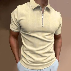 Men's Polos 2023 Polo T-shirt Solid Stripe Print Short Sleeve Neck Zip Shirt Casual Street Wear Summer Top