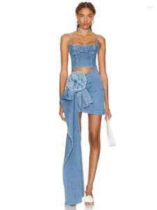 Abiti da lavoro 3D Flower Blue Jeans Sexy gonne a due pezzi Outfit 2023 Summer Fashion Cinghie Denim Women Crop Top e Ribbon Mathing Set