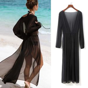 Podstawowe sukienki swobodne 2023 Black Mesh Beach Count Up Sukienka Tunik Long Pareos Bikinis Ups Swim Cover Up Srabe Plage Beachwear T231026