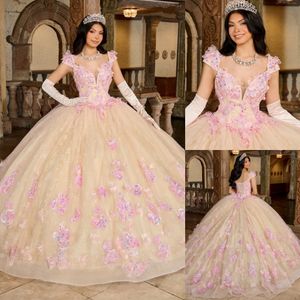 Charming Ball Gown Beaded Lace Quinceanera Dresses 3D Appliqued Prom Gowns Sheer Plunging Neckline Tulle Sweet 15 Masquerade Dress 415