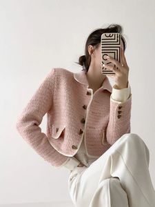 Women's Jackets Jmprs Sweet Japan Women Pink Tweed Jacket Elegant Design Buttons Cropped Suit Coat Fashion Female Casual Long Sleeve Kawaii Tops 231026