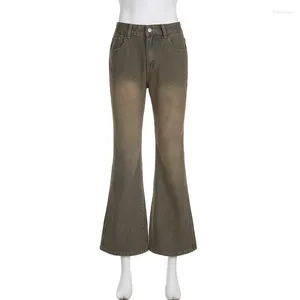 Kadınlar Kot pantolon, üst düzey vintage sıkıntılı yıkanmış sıska kahverengi kot pantolon-2023 Sonbahar Varış Kız Düşük Bel Flare