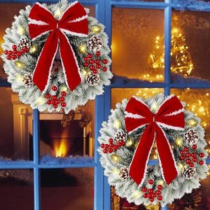 Decorative Flowers 2 Pcs 13 Inch Pre-Lit Mini Xmas Wreath Set With Red Bow Pine Needle LED Lights